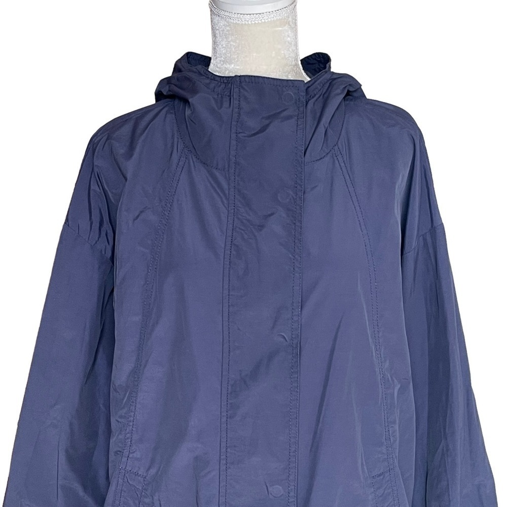 Eileen Fisher Women’s Lightweight Rain Jacket Blue Hooded Zip Snap Pockes - Picture 2 of 8